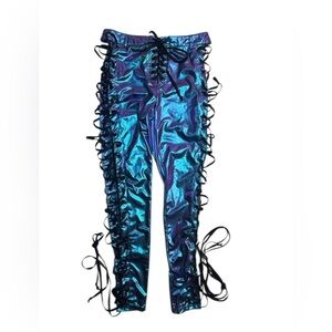 NEW DOLLS KILL CLUBB EXX Aqua Holographic Rowdy Room Lace-UP Pants Size Medium